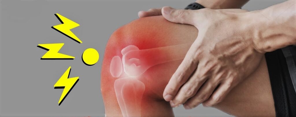 Man holding painful knee with highlighted joint illustration and pain symbols