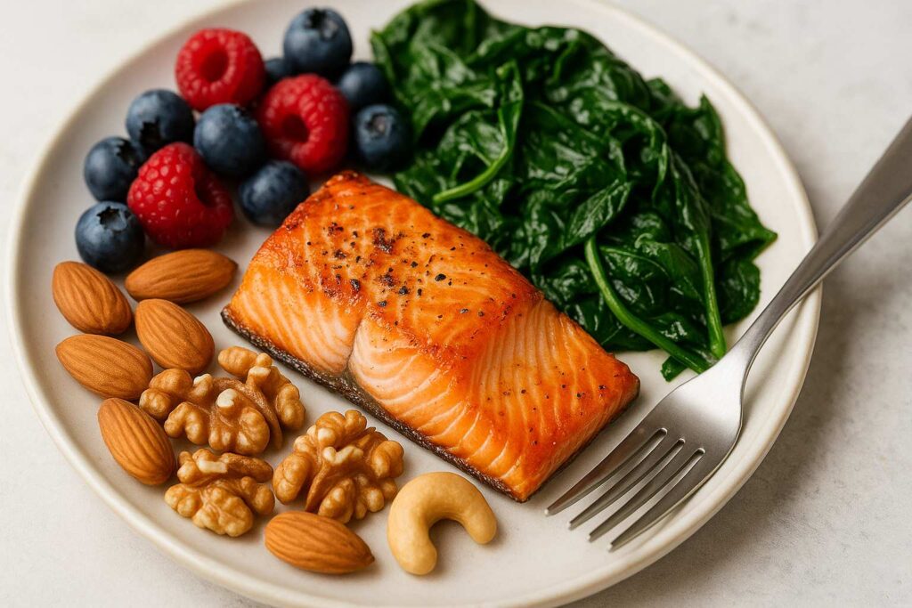 Anti-inflammatory foods for endometriosis including salmon, leafy greens, berries, and nuts