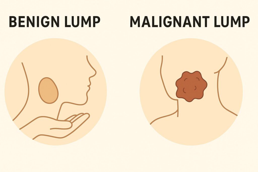 Comparison infographic of benign vs malignant neck lumps — soft movable vs hard fixed