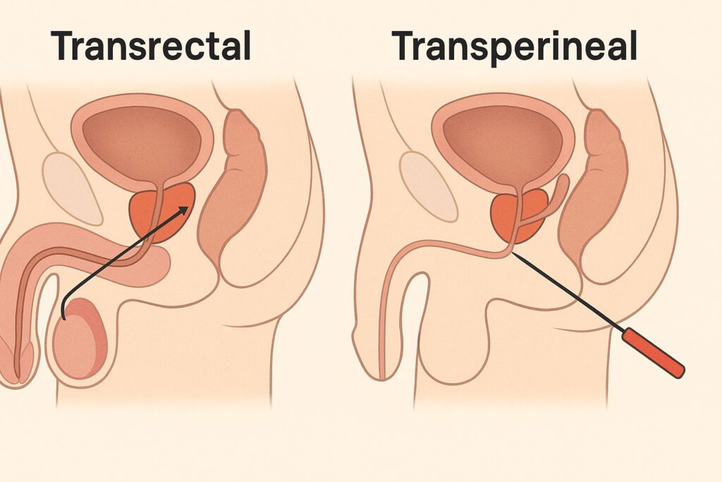 Diagram comparing transrectal and transperineal prostate biopsy approaches