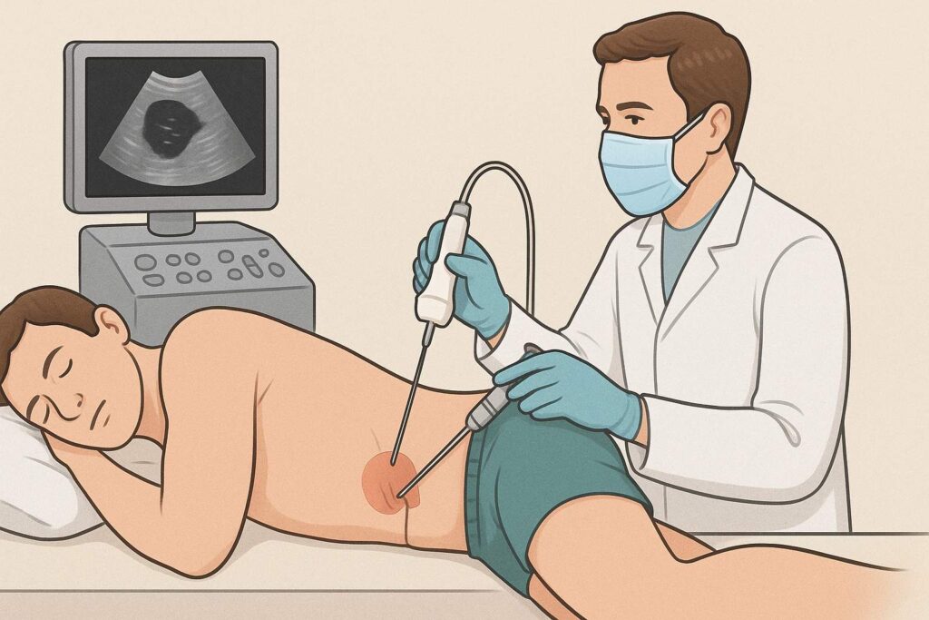 Doctor performing ultrasound-guided prostate biopsy procedure