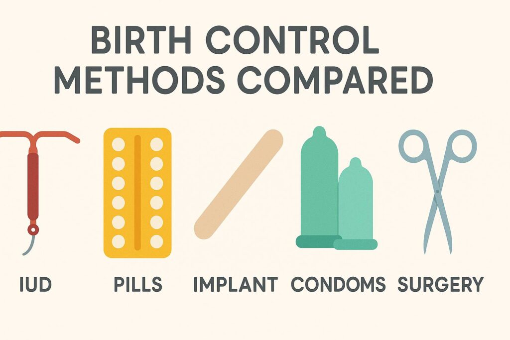 Comparison infographic of birth control methods for women over 35 with effectiveness and risks