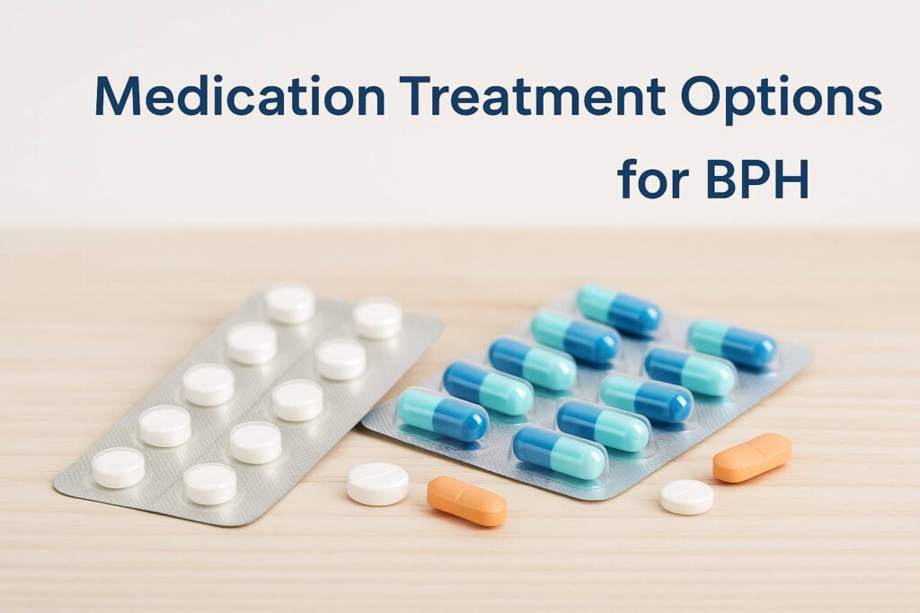 Medication treatment options for benign prostatic hyperplasia including alpha blockers