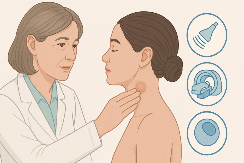 Doctor examining neck lump with ultrasound, CT, and MRI imaging options