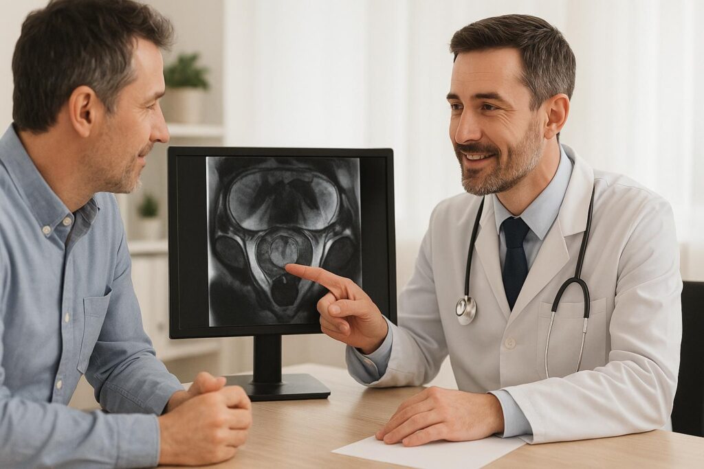 Doctor discussing prostate cancer treatment options with a male patient during consultation