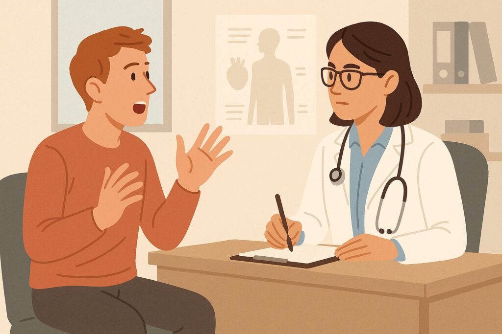Doctor evaluating patient with rapid, excessive speech during consultation