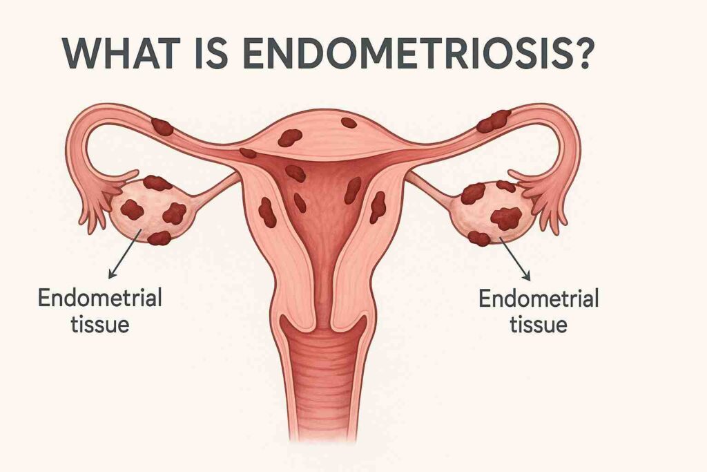 Medical diagram of endometriosis showing uterus, ovaries, and endometrial lesions
