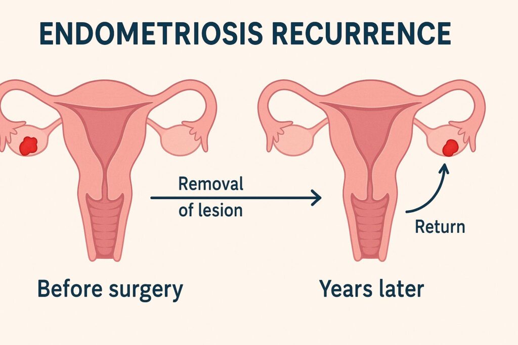 Illustration of endometriosis recurrence after surgery, highlighting new lesion growth