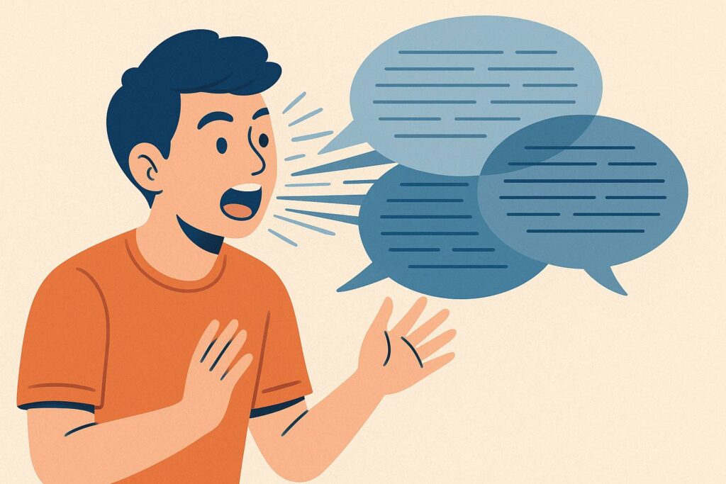 Illustration of person speaking rapidly with overlapping speech bubbles, symbolizing excessive talking in mental health disorders