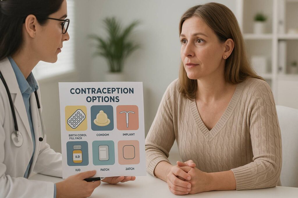 Woman over 35 consulting gynecologist about safe birth control options