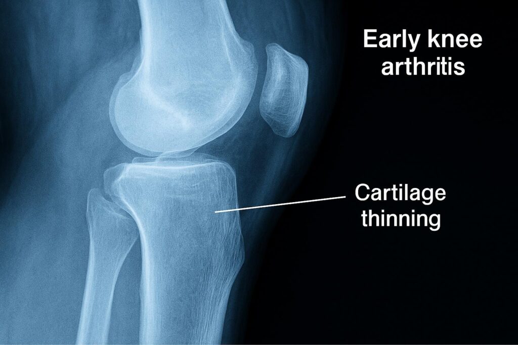 X-ray showing early knee arthritis and cartilage thinning