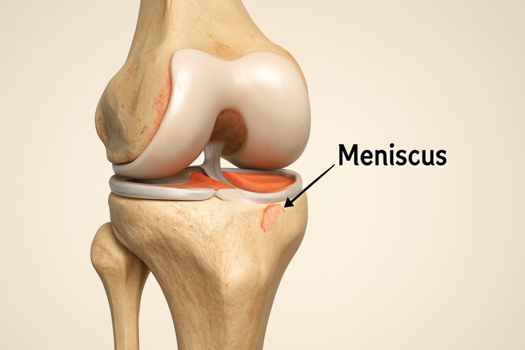 3D medical illustration of knee joint highlighting meniscus tear.