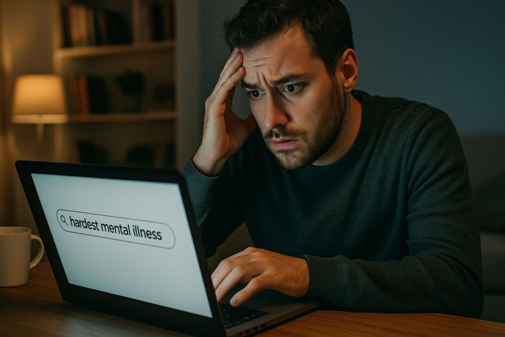 Anxious person researching hardest mental illness online