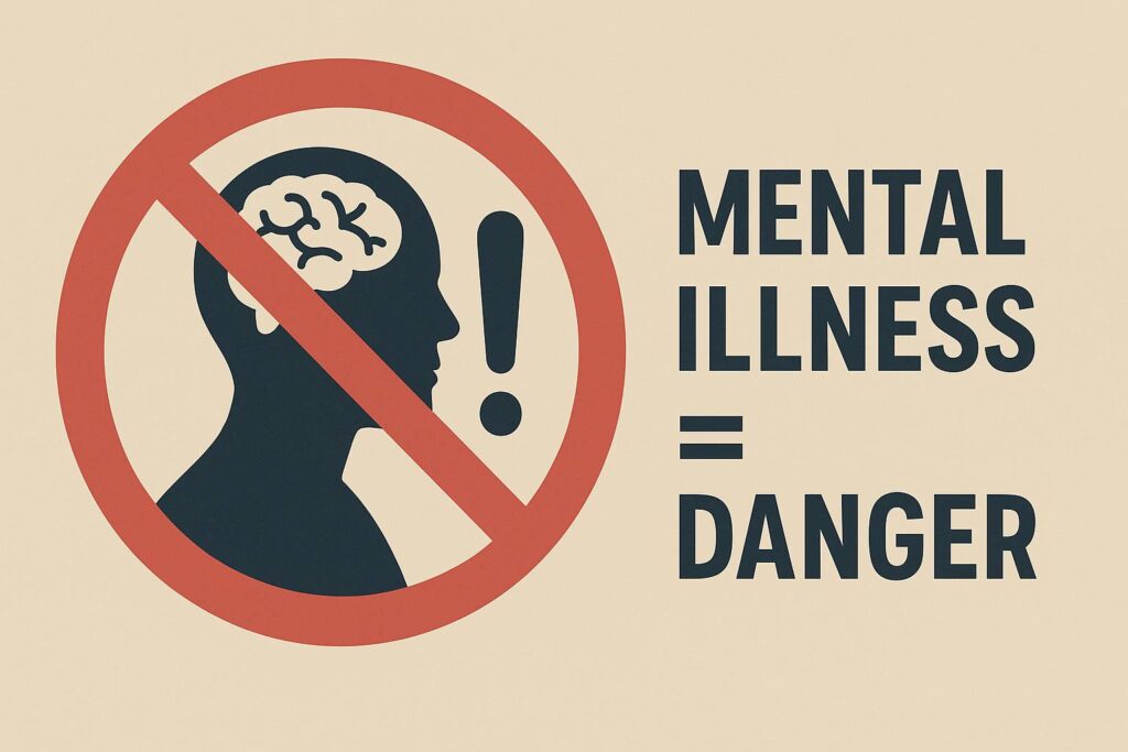 Infographic showing the stigma of linking mental illness to violence versus real patient experiences