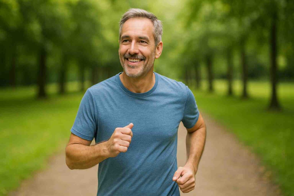 Middle-aged man exercising outdoors as part of recovery after prostate cancer treatment