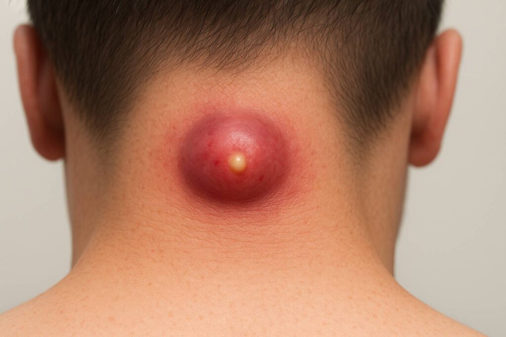skin cyst abscess on back of neck close-up medical photo
