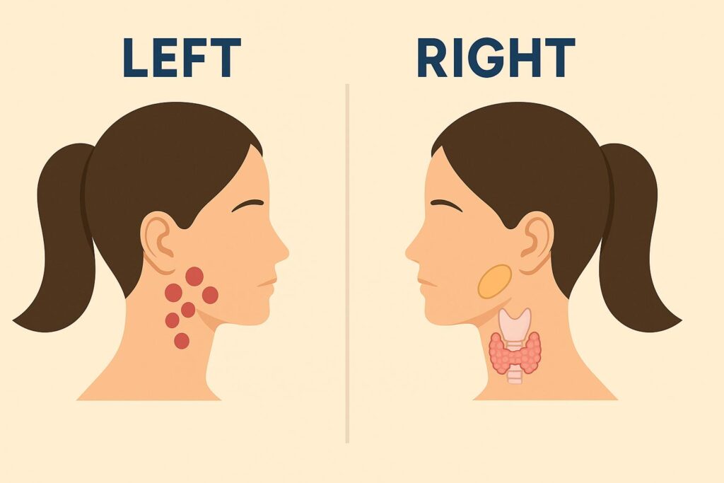 Left vs right side neck lump infographic — common causes of swelling