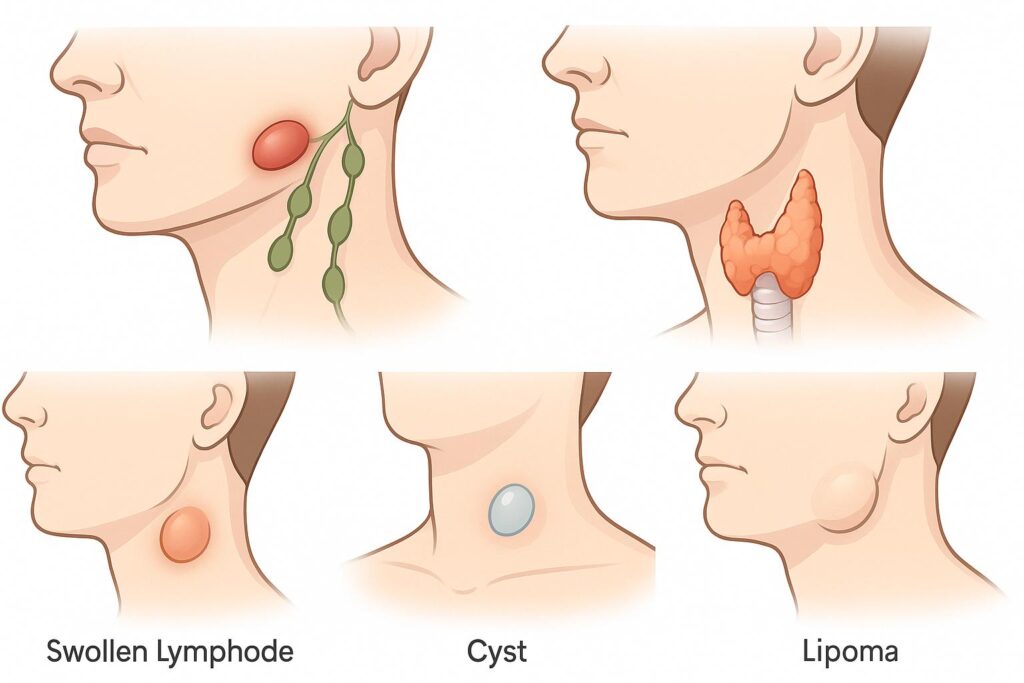 Illustration of common causes of side neck lumps — lymph nodes, thyroid nodules, salivary gland issues, cysts, lipomas