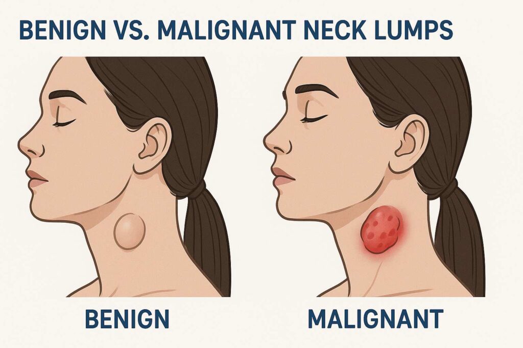 Comparison infographic showing benign lump versus malignant lump characteristics