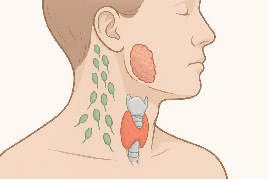 Medical diagram of side neck anatomy with lymph nodes, thyroid gland, and salivary glands highlighted