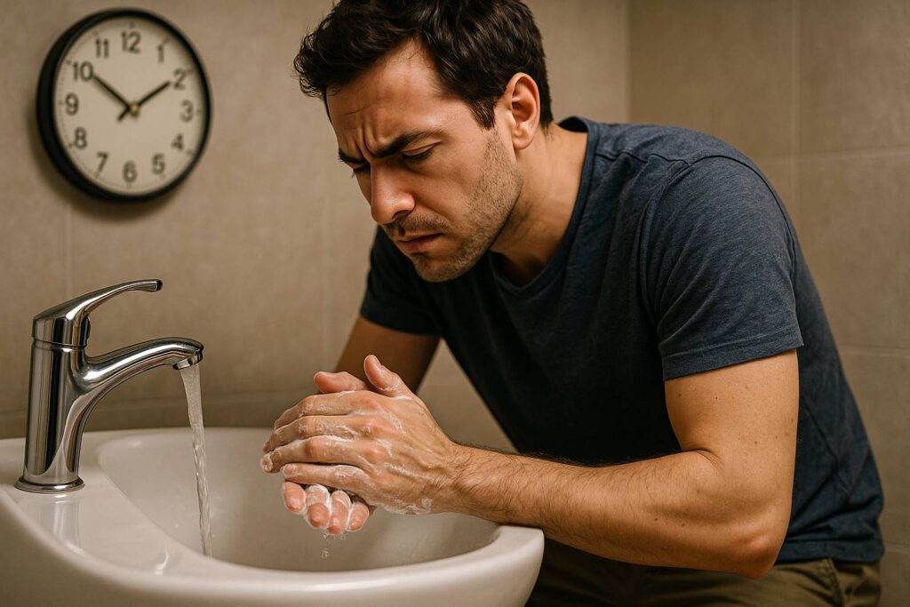 OCD patient washing hands repeatedly due to intrusive thoughts
