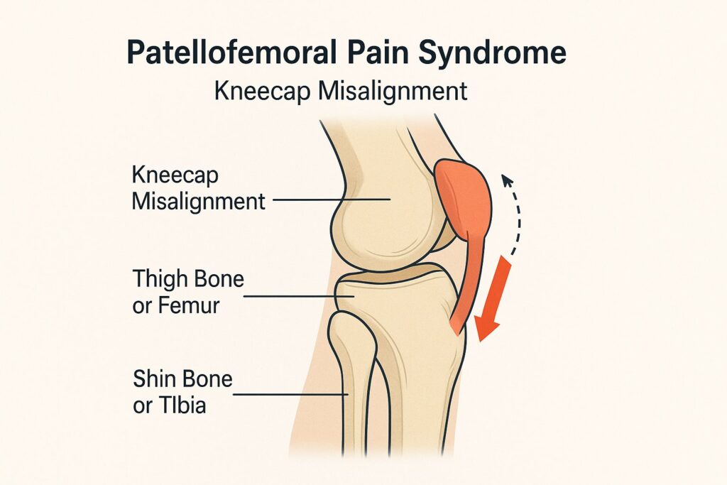 Diagram of patellofemoral pain syndrome showing kneecap misalignment.