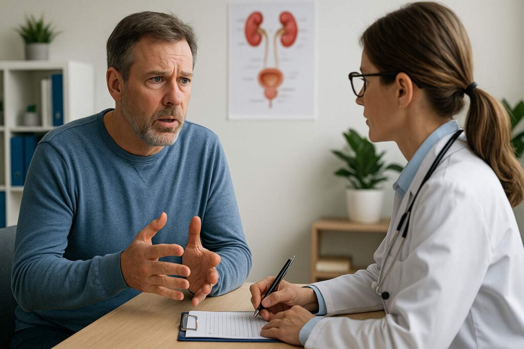 Man discussing urinary symptoms of enlarged prostate with doctor