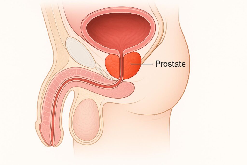 Anatomical illustration of prostate gland showing its position near bladder and urethra