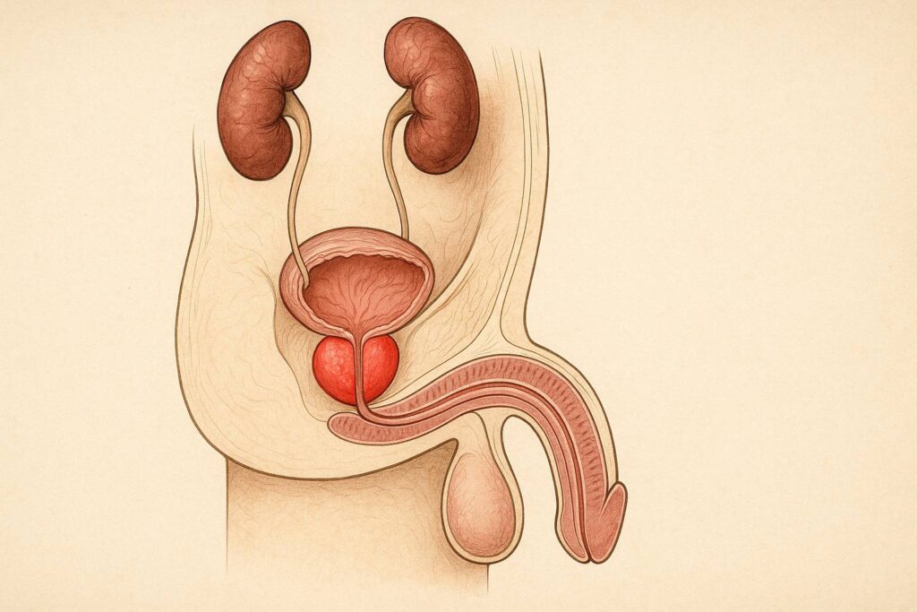 Medical illustration of the male urinary system highlighting the prostate gland