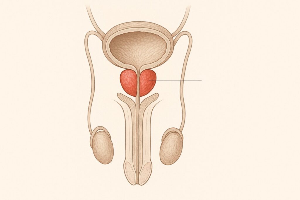 Anatomical illustration of the male urinary system highlighting the prostate gland