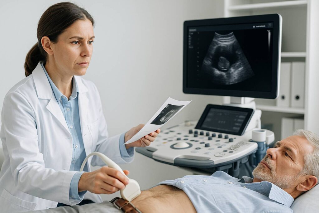 Doctor performing prostate ultrasound scan as part of BPH diagnosis