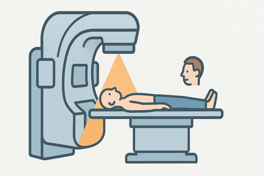 Illustration of external beam radiation therapy machine used for prostate cancer treatment