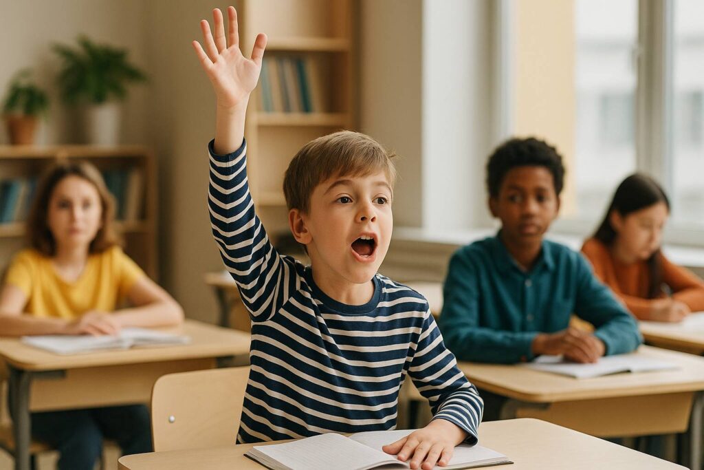 ADHD child impulsively speaking in class, representing difficulty controlling speech