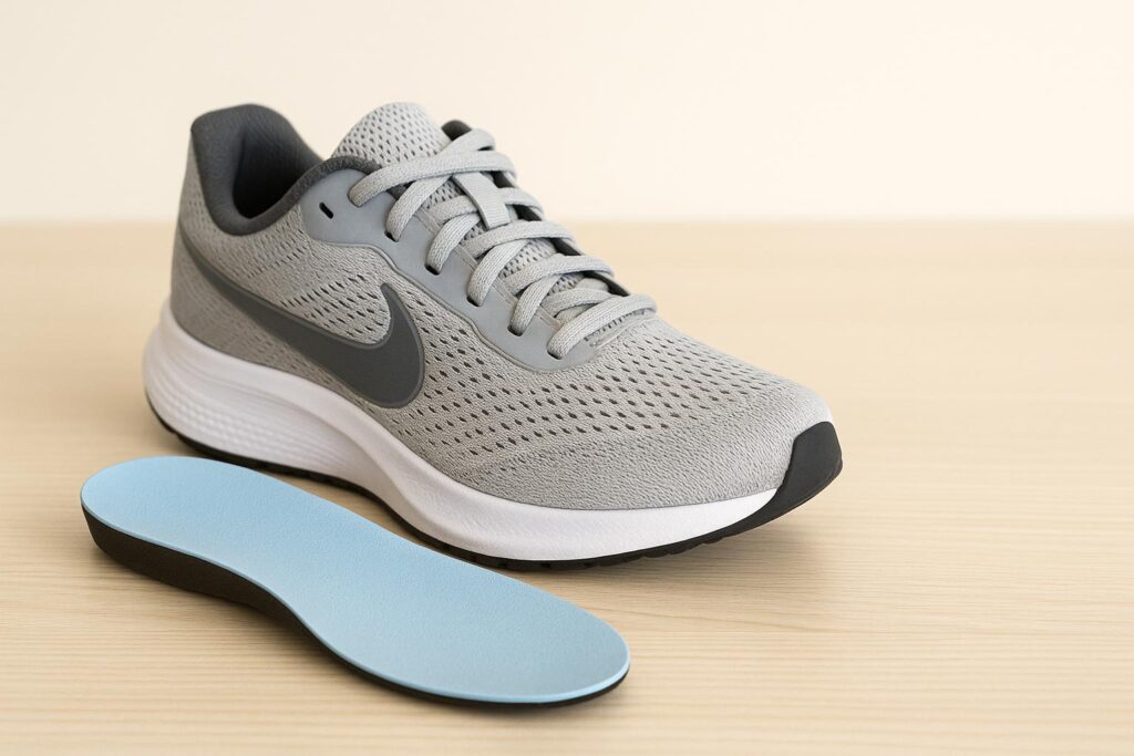 Supportive shoes with cushioned insoles for knee pain relief.
