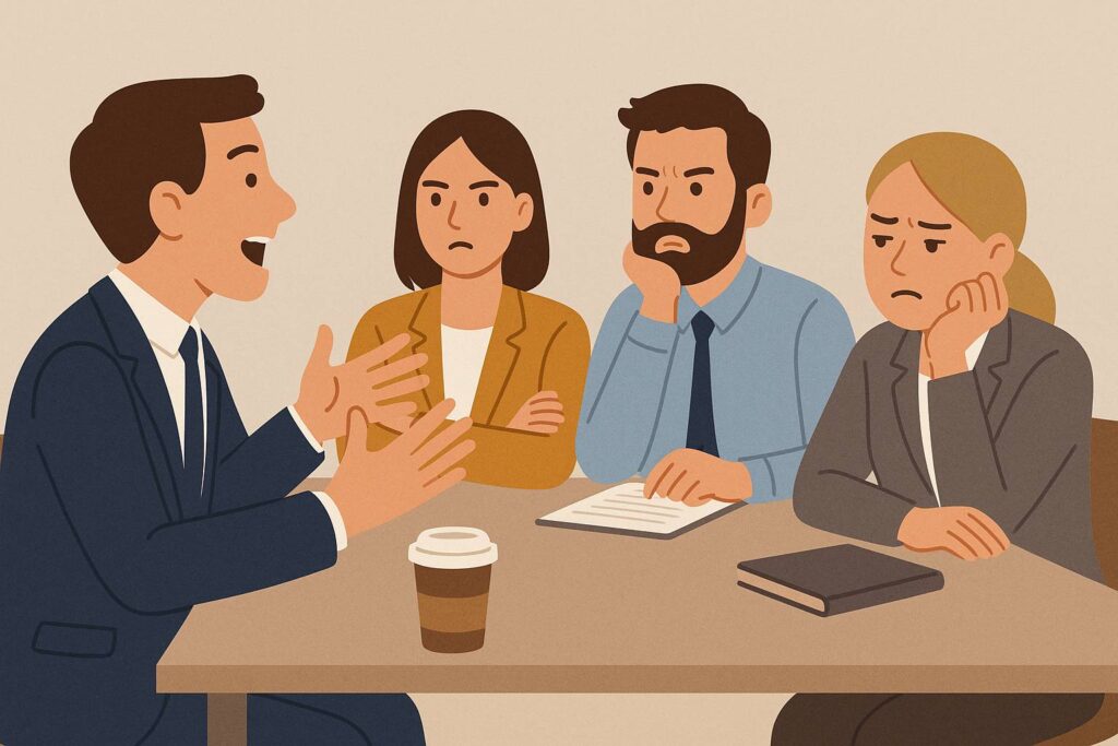 Illustration of excessive talking causing tension in workplace meeting