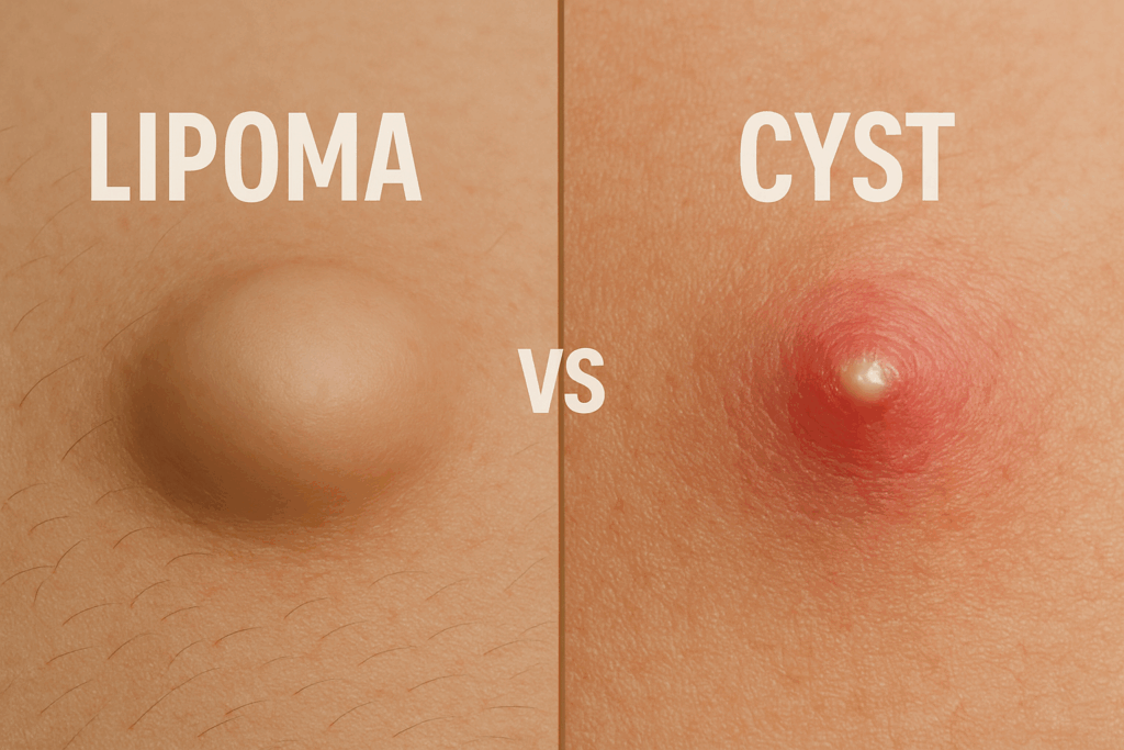 Cross-section medical diagram of a skin cyst and lipoma in the neck area