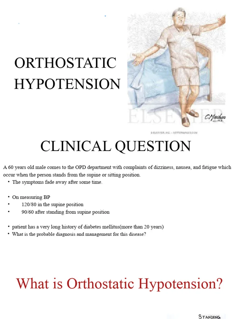 Illustration showing lifestyle and medical approaches to manage orthostatic hypotension, including hydration, posture control, compression garments, and medication.