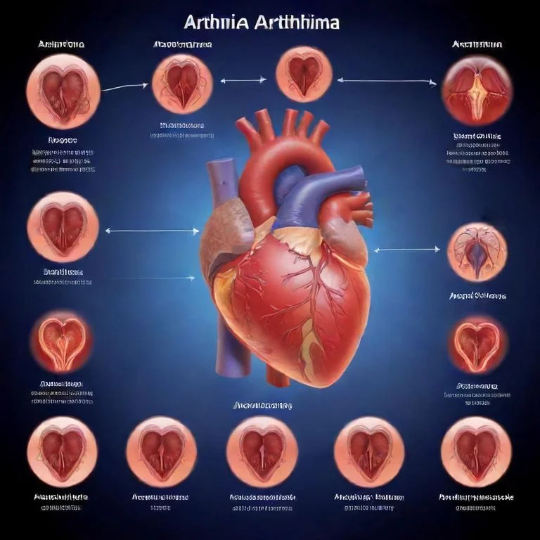 Illustration showing symptoms and causes of arrhythmia, including heart structure and common warning signs.