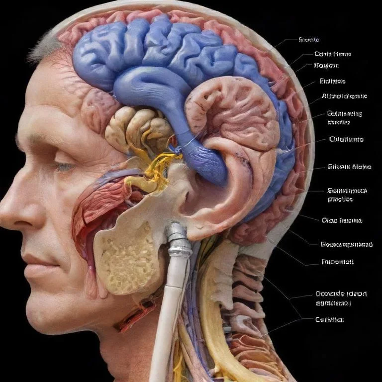 Diagram showing the cochlea, auditory nerve, and brain regions involved in tinnitus perception.