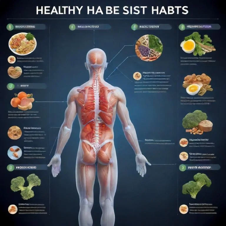 Diagram illustrating healthy habits that support nerve health, including good posture, balanced nutrition, and regular activity.