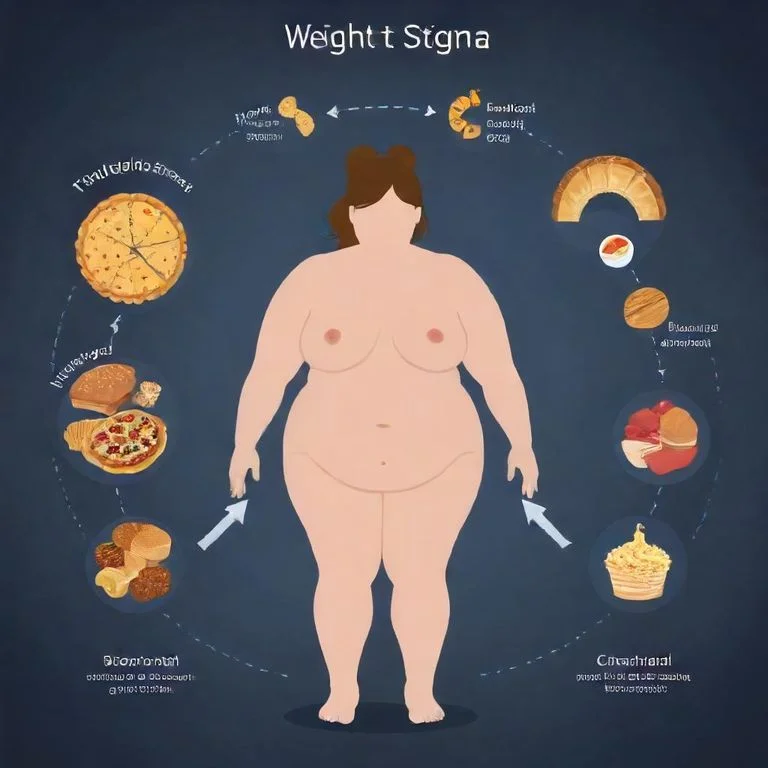 Diagram showing the cycle of weight stigma leading to stress, emotional eating, and further weight gain.